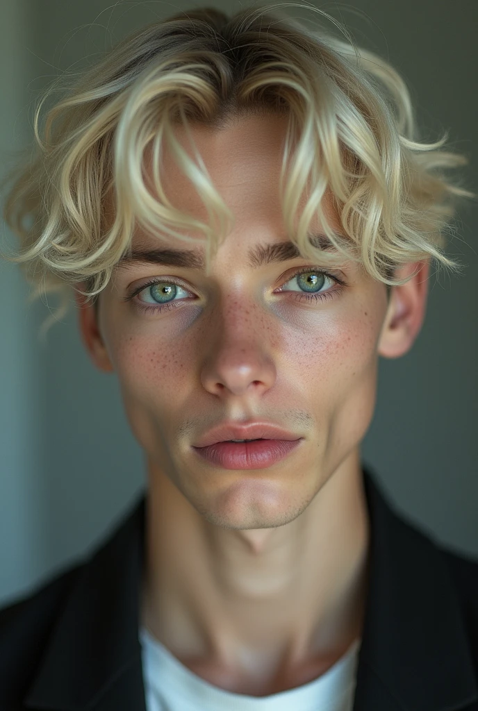 Young man short wavy platinum blond hair grayish green eyes