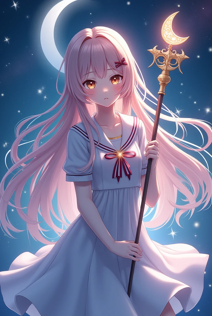 Sailor Crescent Moon with long beet-colored hair, Honey-colored eyes and white skin with a long scepter with a crescent moon and a star on top