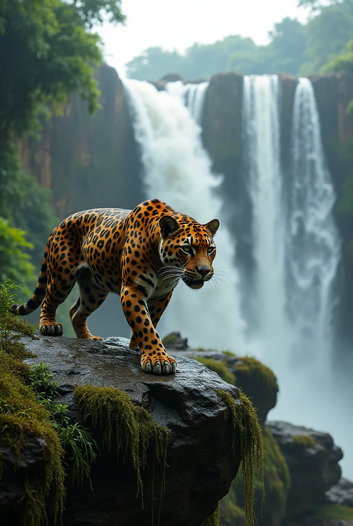 an amazonian forest jaguar running its claws over the iguazu falls
