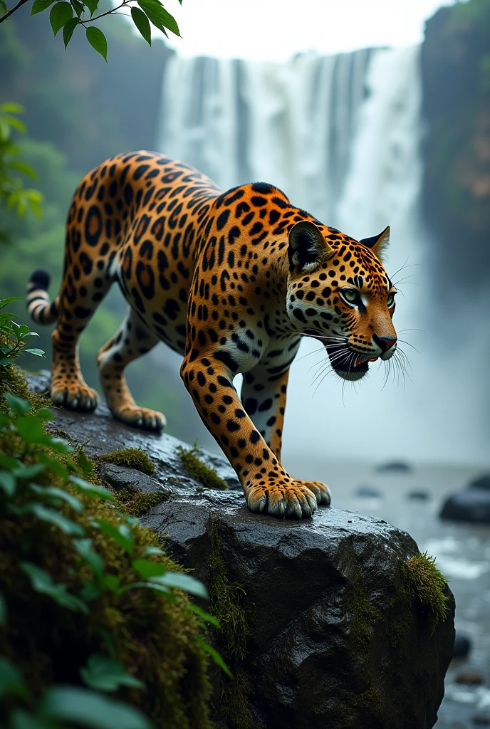 an amazonian forest jaguar running its claws over the iguazu falls