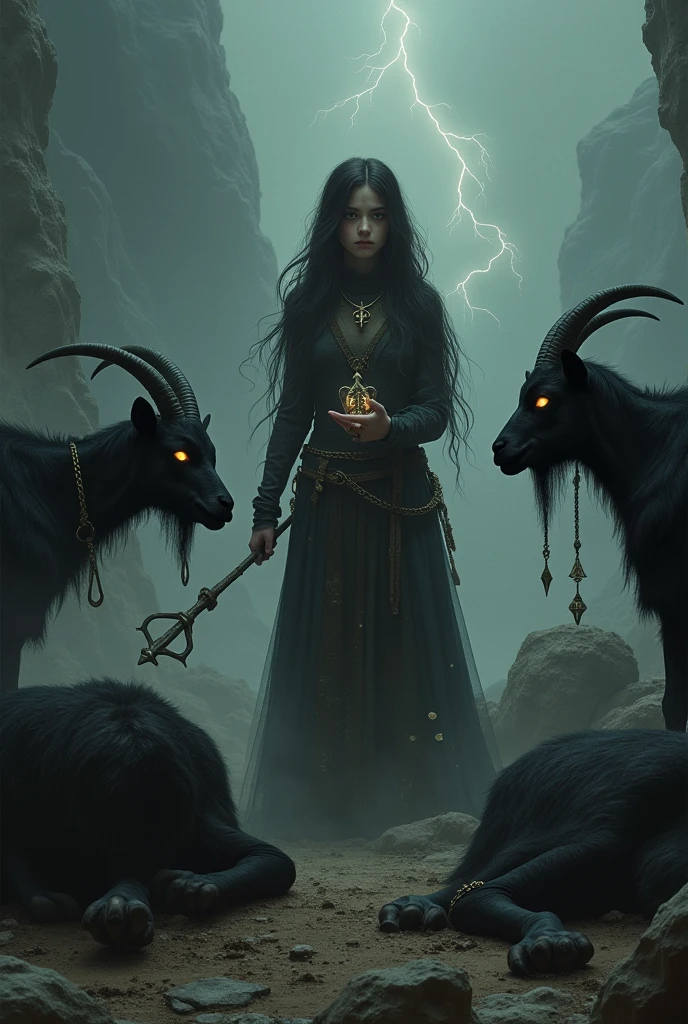 Denger black goats and girl long hair in denger smile hands trishul and near dead bodys