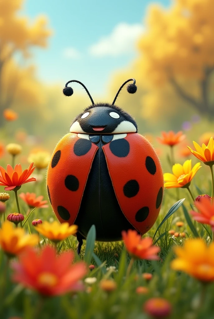 Big smiling ladybug in a flowery meadow