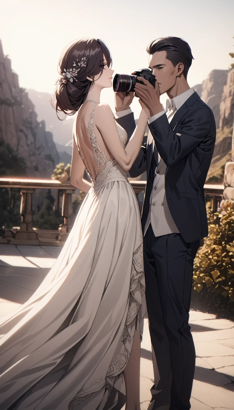 beautiful detailed woman, beautiful detailed man, couple, taking photography, elegant pose, beautiful scenery, natural lighting, intricate details, high quality, photorealistic, hyperrealistic, cinematic, warm color tones, dramatic lighting, professional photography