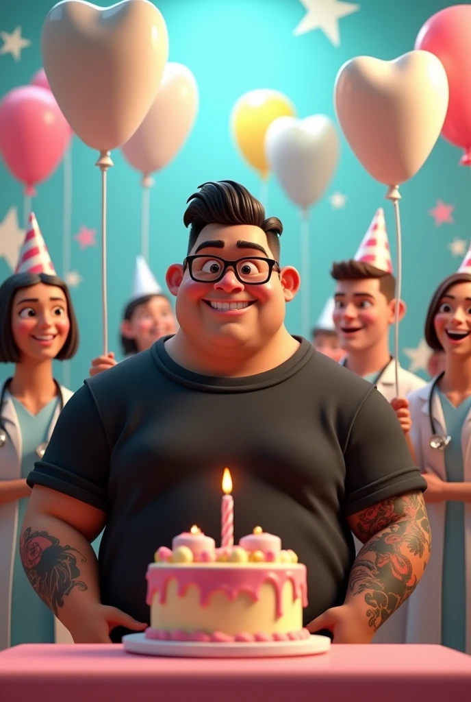Disney Pixar style 3D character illustration of a plus-size man, brave face with short hair combed to the side, black glasses, black sweater, tattoos on arms, blowing out a birthday candle surrounded by dentists and tooth balloons