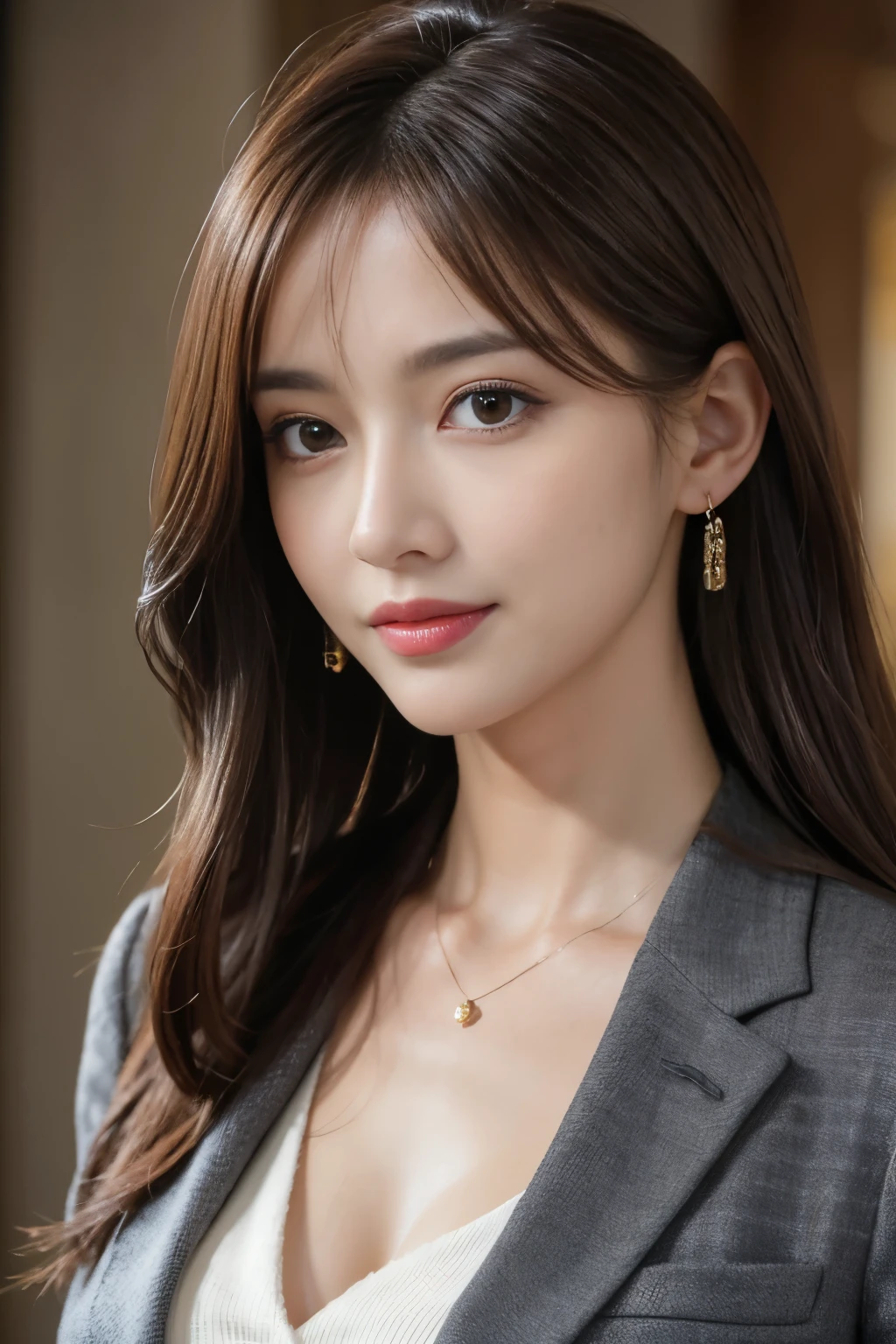 table top, best quality, realistic, very detailed, in detail, high resolution, 8k wallpapers, 1 beautiful woman,, Light brown messy hair, in a business suit, sharp focus, Complete dynamic configuration, beautiful and delicate eyes, detailed hair, 섬세하고 realistic 피부 결, smiling, Close-up portrait, Model Body Type