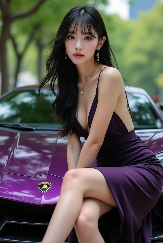 High quality image of a beautiful Korean woman with long black hair and bangs on her forehead, looking elegant and charming, wearing a ???? dark purple dress, wearing complete jewelry accessories, earrings, sitting in a city park outdoors, overlapping her legs sexily, wearing white high heels and a shiny purple Lamborghini Aventador car.