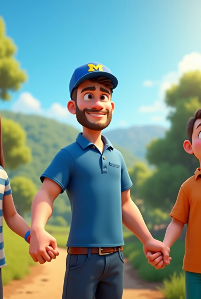 Pixar-inspired 3D poster capturing a background scene with a 3 man with a short, dark beard , square face white man with black hair to the side short lumberjack style dressed in blue polo shirt or suit with a blue cap with the letter m on the cap light skin color happy holding people's hand