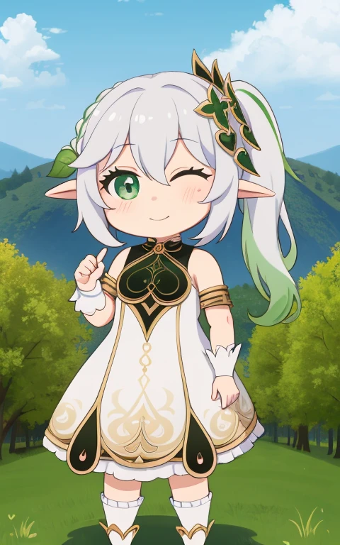 fullcg,Best quality,highest quality, 8k,Soft lighting, Confused, Looking at the audience, alone, smile, Knee socks,Nahida Genshin Impact | Character Lora 1283,((low length:1.5)),((chibi:1.5)),((little child girl)),1girl,difficult,cowboy shot,Beautiful cityscape,(standing:1.6),(Front facing:1.5),(((pretty made costume))),((making a heart with fingers)),(((wink))),