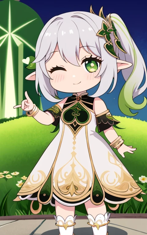 fullcg,Best quality,highest quality, 8k,Soft lighting, Confused, Looking at the audience, alone, smile, Knee socks,Nahida Genshin Impact | Character Lora 1283,((low length:1.5)),((chibi:1.5)),((little child girl)),1girl,difficult,cowboy shot,Beautiful cityscape,(standing:1.6),(Front facing:1.5),(((pretty made costume))),((making a heart with fingers)),(((wink))),