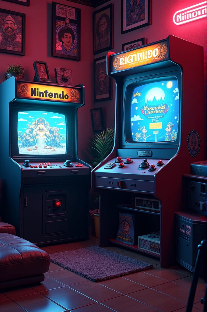 Detailed gamer room with video game, nintendo, arcade, joystick e cadeira gamer.