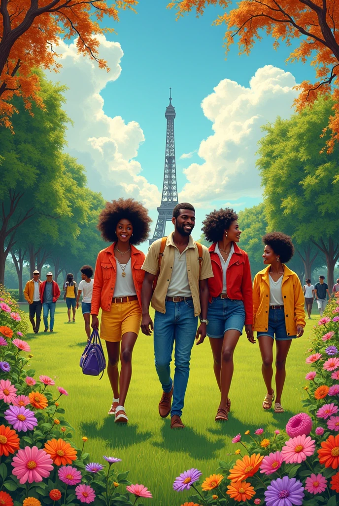 a paris, French people, African American,  Afro-Haitian, walk on the Elisha fields. Colorful frame. 