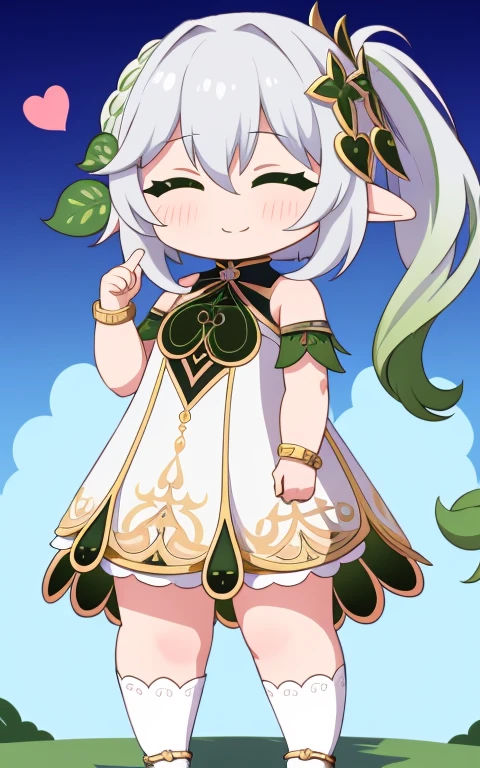 fullcg,Best quality,highest quality, 8k,Soft lighting, Confused, Looking at the audience, alone, smile, Knee socks,Nahida Genshin Impact | Character Lora 1283,((low length:1.5)),((chibi:1.5)),((little child girl)),1girl,difficult,cowboy shot,Beautiful cityscape,(standing:1.6),(Front facing:1.5),(((pretty made costume))),((making a heart with fingers)),(((wink))),