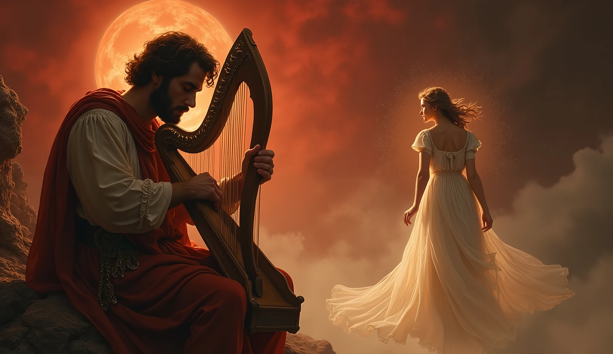 (masterpiece:1.3), (best quality:1.3), Orpheus playing harp, Eurydice coming out of Hades' world or hell behind him, red tone sky, mysterious background.