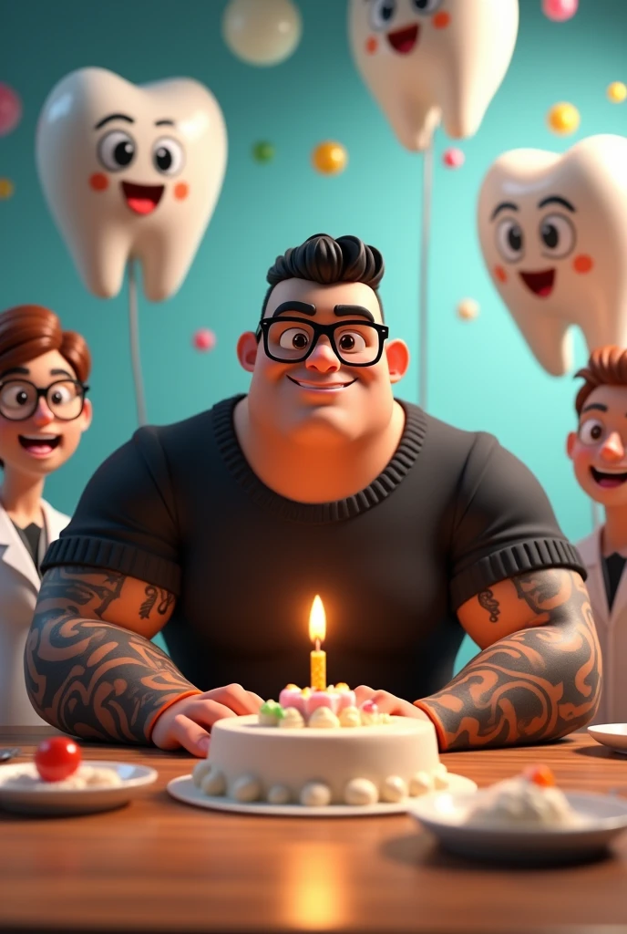 Disney Pixar 3D style character illustration of a big, strong man with a brave face and short hair combed to the side, black glasses, black sweater, tattoos on arms, blowing out a birthday candle surrounded by dentists and tooth balloons 
