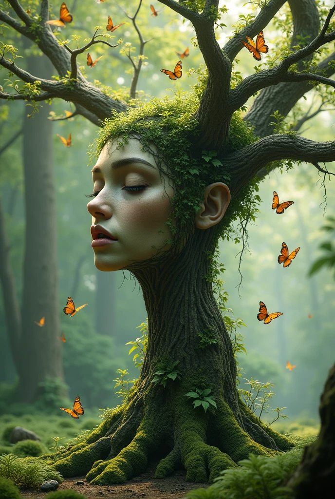 features of a tree in the shape of a female face with butterflies