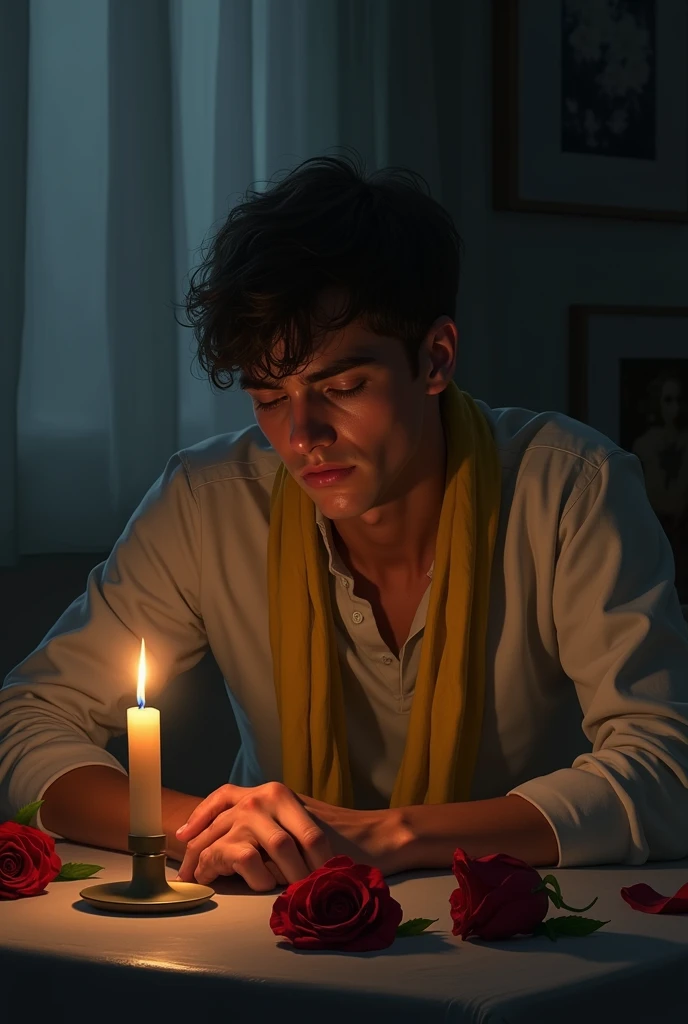 a sorrowful young man, sitting at a table, candle, roses, holding a woman's yellow scarf, crying, realistic, detailed, masterpiece, photorealistic, 8k, high quality, cinematic lighting, dramatic atmosphere, melancholy expression, moody colors, depth of field