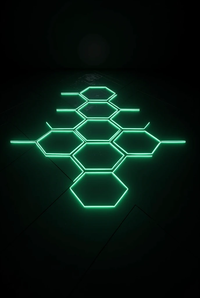 Create a picture of a black floor with green neon glowing lines in a hexagon pattern emerging from the floor.
The floor should just be black and without texture The image should be shown from above in a 2D texture