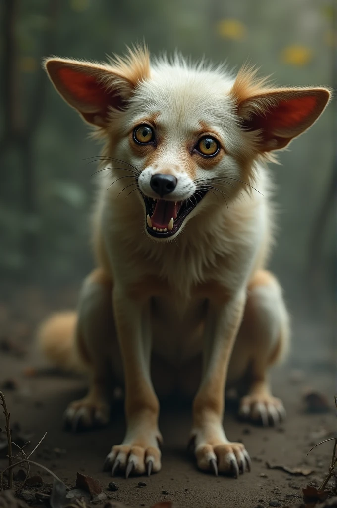 scary crypid fox horror dog slouching on hind legs all fours skinny    bulging eyes staring at you