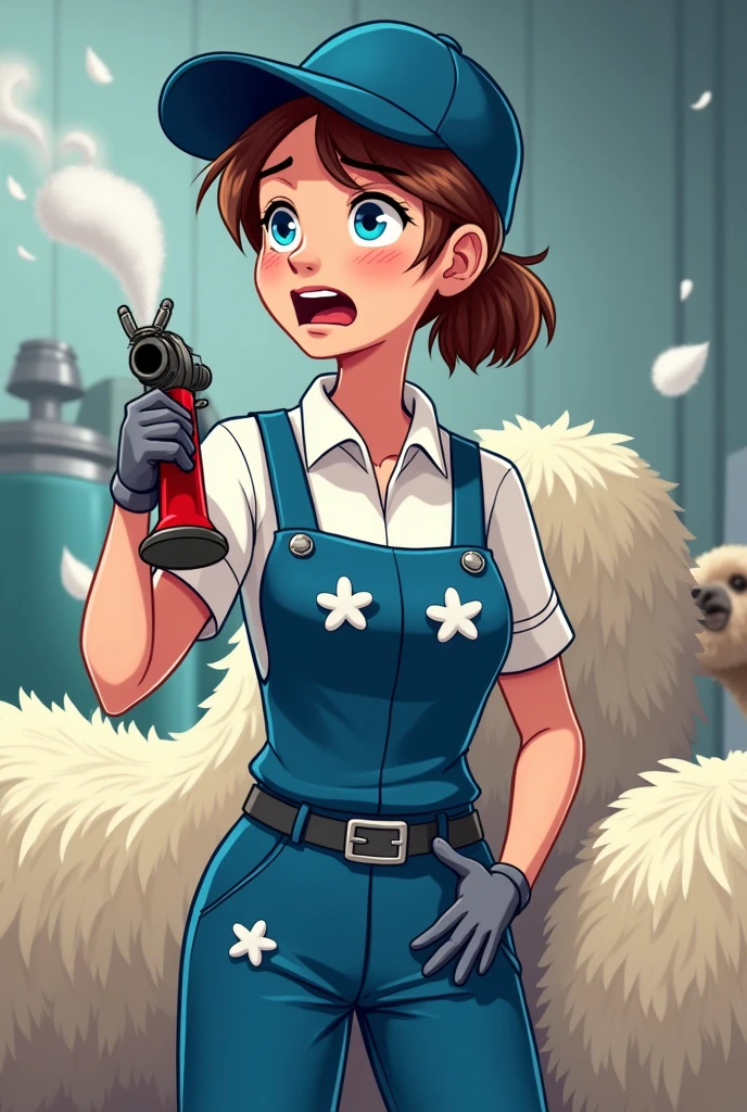 women, textile company worker, The textile company is made of alpaca fibers.. La women tiene en su uniforme pelusas de alpaca, His uniform is blue. has a hat. la women se echa aire al cuerpo con una pistola de aire para sopletear para quitarse las pelusas. la women debe tener cara de que sabe que lo que esta haciendo esta mal. He does it secretly. the image must be like a cartoon