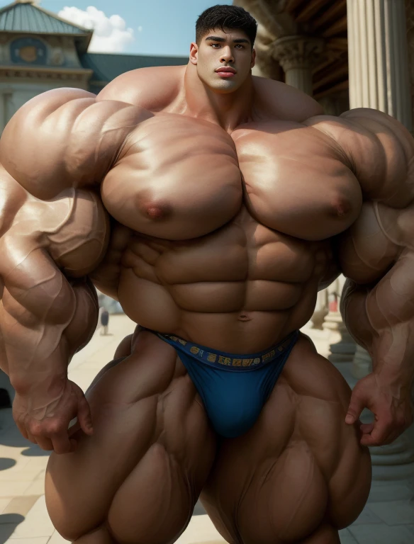 1boy, giant, asian, solo, giant bodybuilder, golden hour, strong body, bulk, large size, standing before the old museum, outdoor, nude, blue triangular underwear with enormous bulge, extraordinary big, brutalmass, giant muscular body, bulk, buff, massive body, large meaty body size, extremely wide body, tallest body