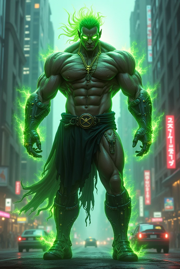 Strongman, green hair, cyber, young ,demon king, DENZU