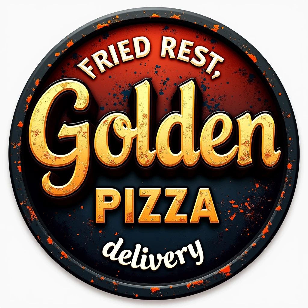 CREATE A round LOGO for a restaurant called "golden" which will be highlighted, just below it will be written "fried pizza" in capital letters. at the bottom in white "delivery". The name will be highlighted with a bold, industrial-style font.. Include a color palette that reflects a delivery restaurant, with metallic tones like red and orange accented by a vibrant, contrasting color like black or blue to represent the intensity of the flavor. A clean and modern design, suitable for reproduction on business cards, flyers and for instagram page.