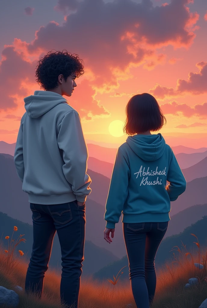 A handsome sad boy, an standing on the mountain hills, boy wearing white hoodie, black jeans, Curley hair, wearing watch, tearful eyes and facing backward girl, girl walking straight, girl wearing black jeans, sky blue hoodie, short  silky hair, evening sunset, mountain hill in background, evening sunset, written 'Abhishek' in backside of boy jacket, and written 'khushi' in backside of girl hoodie