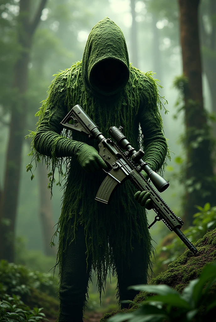 create a character from Maranhão folklore called Bicho Terra. imagine a being with a wild and imposing appearance, with no face. He wears a green camouflage that covers his entire body., blending perfectly with the vegetation around it. Camouflage is made of leaves, branches and vines, providing an almost supernatural appearance. In the hands, he holds a camouflaged AWM sniper, that integrates with your look, with details reminiscent of the dense forest of Maranhão. The backdrop should be a lush tropical forest., with tall trees and dense vegetation, highlighting the stealthy and mysterious character of the Bicho Terra..