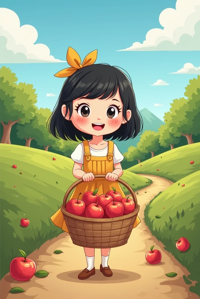 Black-haired girl with her basket of 8 apples cartoon