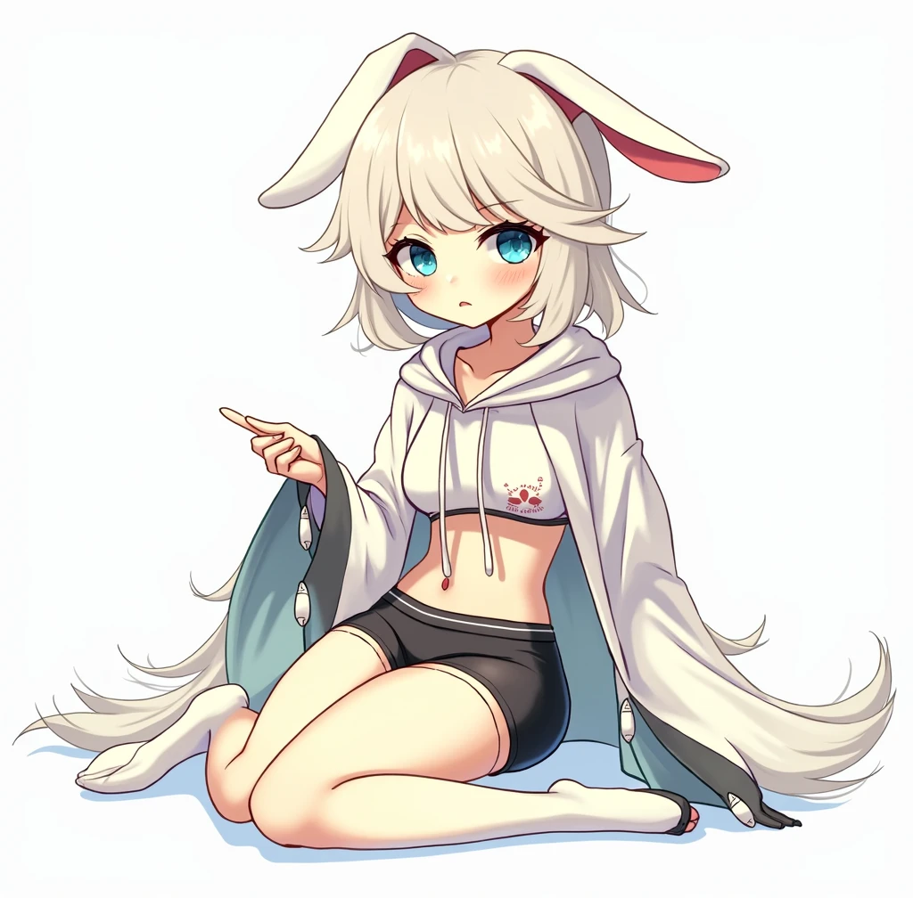 a beautiful anime girl with rabbit ears and tail, wearing a black crop top hoodie and panties with thigh high stockings, with long white hair, (best quality,4k,8k,highres,masterpiece:1.2),ultra-detailed,(Anime:1.37),highly detailed face, beautiful detailed eyes, beautiful detailed lips, extremely detailed eyes and face, long eyelashes, 1girl, rabbit ears, rabbit tail, black crop top hoodie, panties, thigh high stockings, white hair, detailed fabric textures, detailed lighting, cinematic lighting, intricate details, dynamic pose, , fantasy, anime style, cute, sensual. furry furry bunny, furry, fluffy