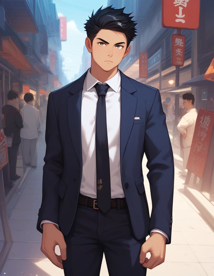 score_9, score_8_up,1boy,solo,black hair,business suit,wearing a tie,Japanese male idols,Real Japanese,Handsome,Attractive,serious,standing, prostitute district,