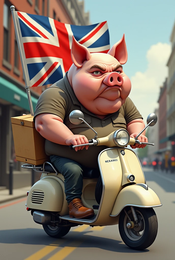 Ugly fat Pig doing pizza delivery with UK flag, on a mopet, side view 