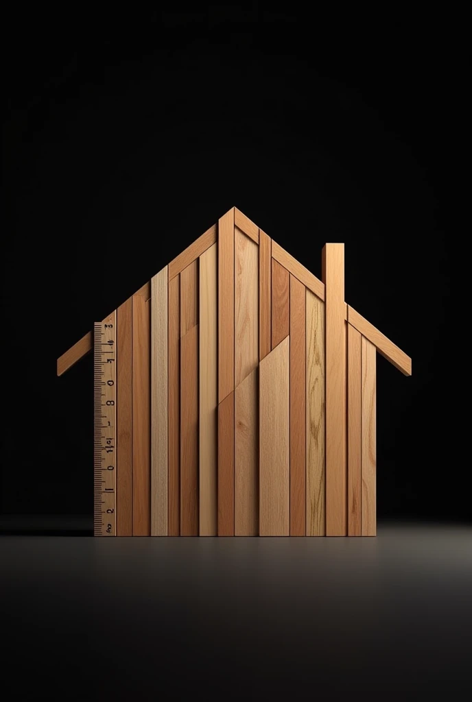 Close rulers form a house, don't lean, just close to each other, under a black background, house made of rulers, simple realistic 2d drawing, wooden rulers