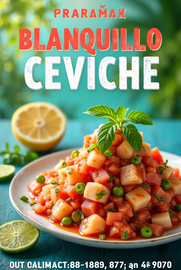 Create a poster selling blanquillo ceviche Prices:
1/2 kg $6000
1kg $10000 Contact:+56935213715 East Garden Villa