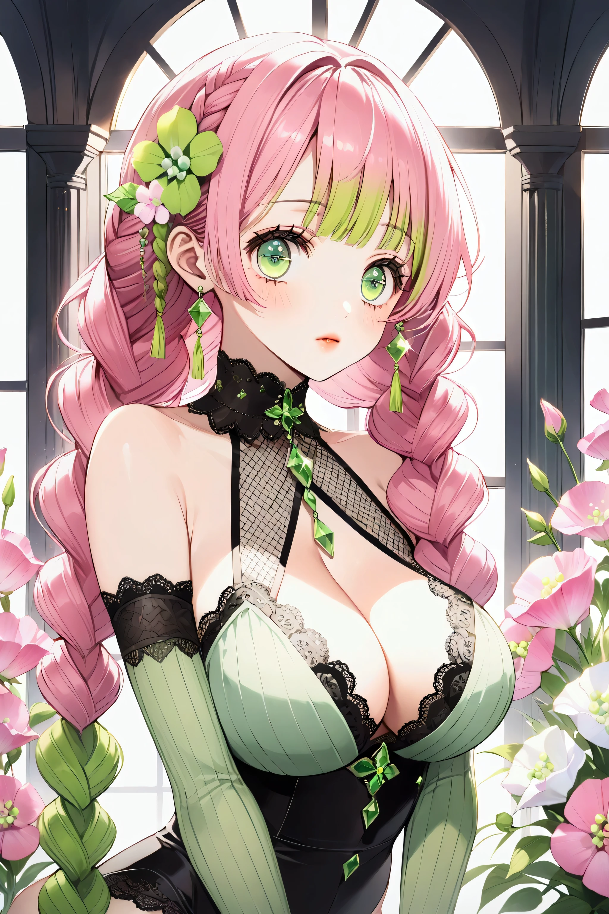 Convert your flower art into illustration.、Create backgrounds with vibrant colors and unique touches The type of flower is statice、Gypsophila、sweet pea、Mix in some lace flowers, big breasts, cleavage, pink hair, green eyes, ((green highlights)), (green braids), standing, contrapposto, sexy pose, thick thighs, thigh highs, lingerie, arms resting behind, ulzzang, big green sparkling eyes like gemstones,