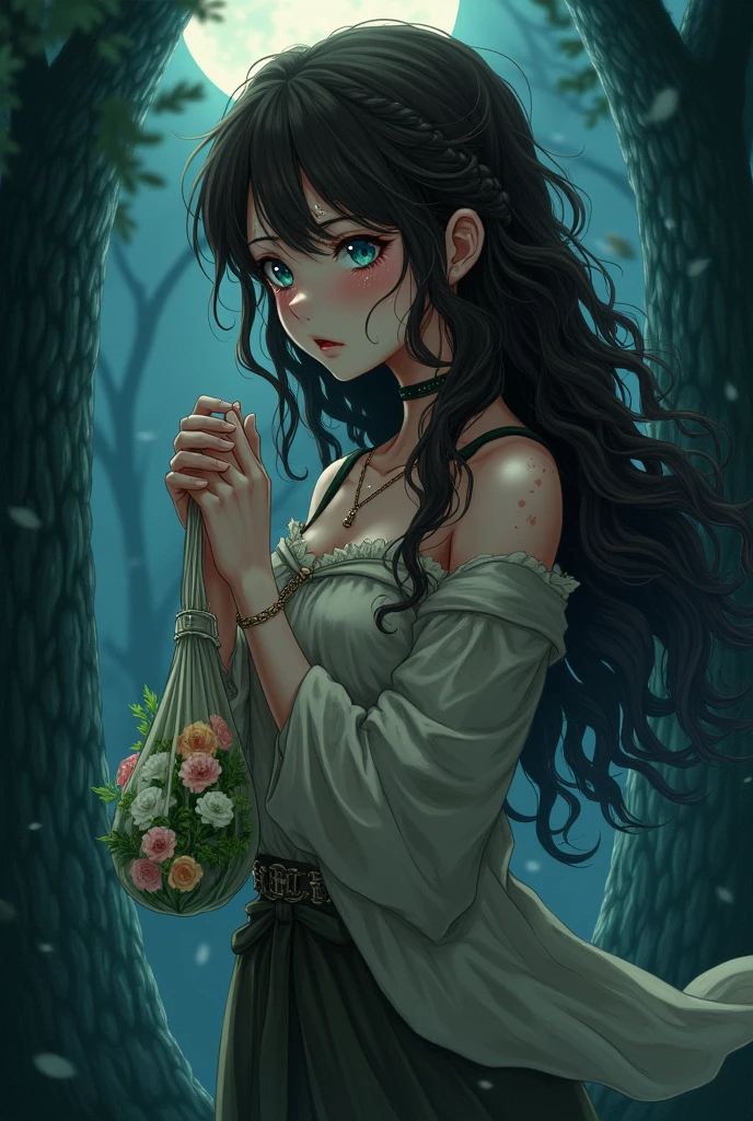 Anime style long wood brown curly hair Worn shabby clothes in rags Blue-green eyes rosy cheeks lips violet-red-blue curved eyelashes Bronze shimmering skin Plant bandages from under which scars peek out In the dark forest full of pine needles falling down . Raindrops play around her face, freezing and trembling in the moonlight, a bag made of flowers that she holds protectively in her hand. Pleading face as if she were praying to God, tear-stained eye bags