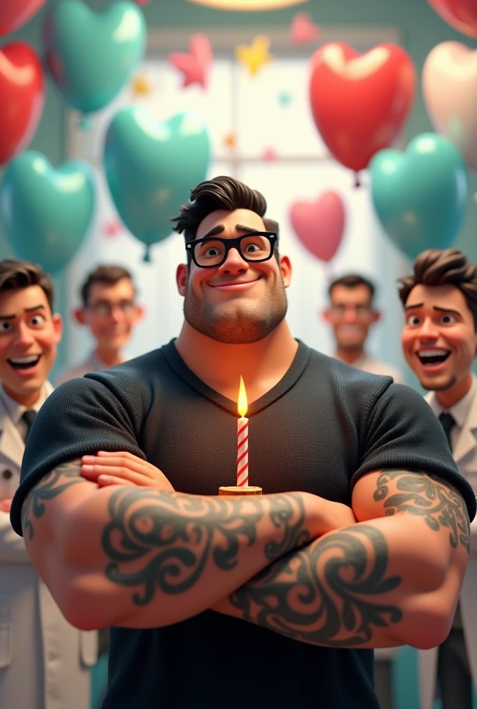 Disney Pixar 3D style character illustration of a big, strong man with a brave face and short hair combed to the side, black glasses, black sweater, tattoos on arms, blowing out a birthday candle surrounded by dentists and tooth balloons