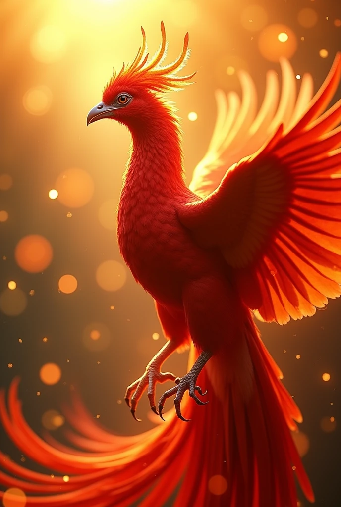 god々A captivating close-up portrait of a beautiful phoenix in bright light, Golden Light, The vibrant bokeh balls gently frame the delicate shape.. , The phoenix is a beautiful, fiery red.., Extremely realistic photos, 美しくgod秘的に発光する翼, A long tail like a peacock, With the sun at my back, Flying in the sky,