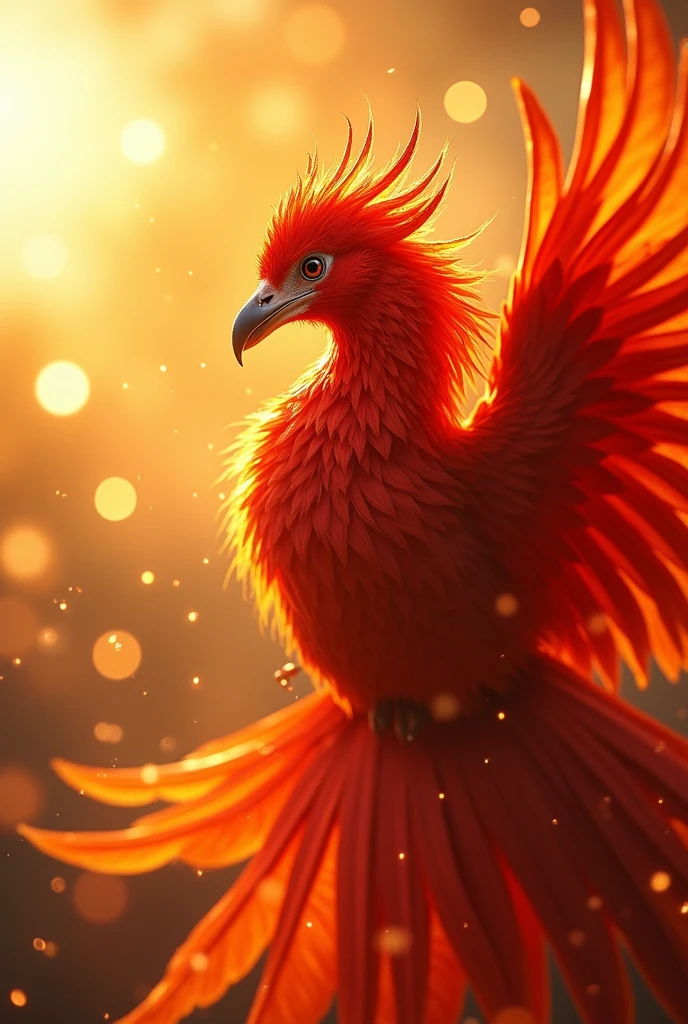 god々A captivating close-up portrait of a beautiful phoenix in bright light, Golden Light, The vibrant bokeh balls gently frame the delicate shape.. , The phoenix is a beautiful, fiery red.., Extremely realistic photos, 美しくgod秘的に発光する翼, A long tail like a peacock, With the sun at my back, Flying in the sky,