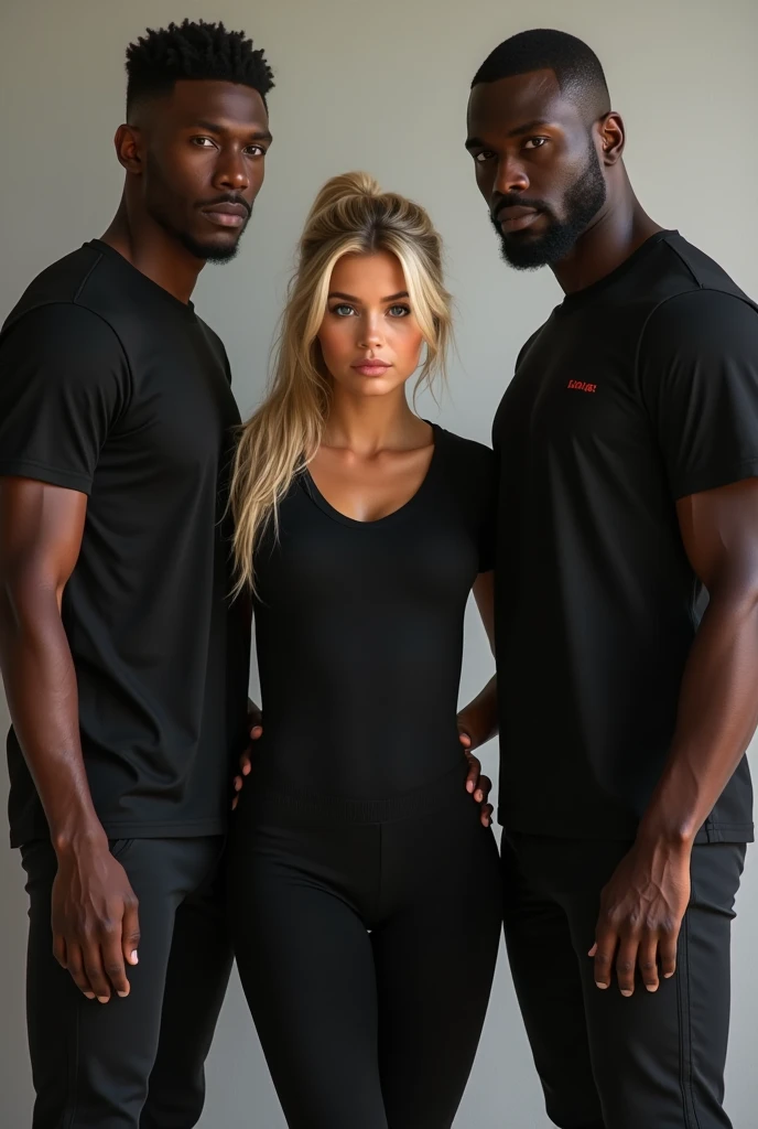 A single blonde white-skinned Swedish girl with two tall dark-skinned men behind her, 1girl, 2men, she has a slight tan, blonde hair, bright blue eyes, blue eyes, ponytail, side bangs, realistic hair, medium long hair, straight hair, golden tan, smooth skin, youthful, teen girl, young, cute, flawless face, small head to body ratio, young face, cute features, thick eyebrows, flawless skin, big upper lip, lip filler, wide lips, duck-like lips, plump lips, wide torso, thick thighs, wide hips, big hip bone, wide thigh gap, round plump breasts, short, wearing black clothes, black t-shirt, black tight pants, tight clothes, matte textured clothing, the men are muscular, black men, dark-skinned men, flirtatious, seductive, promiscuous, dynamic pose, girl in center, men in the background, high quality portrait, artwork, masterpiece, high resolution, 8k