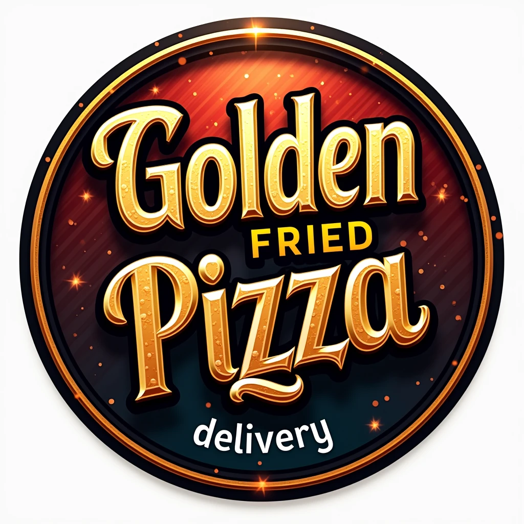 CREATE A round LOGO for a restaurant called "golden" which will be highlighted, just below it will be written "fried pizza" in capital letters. at the bottom in white "delivery". The name will be highlighted with a bold, industrial-style font.. Include a color palette that reflects a delivery restaurant, with metallic tones like red and orange accented by a vibrant, contrasting color like black or blue to represent the intensity of the flavor. A clean and modern design, suitable for reproduction on business cards, flyers and for instagram page. 