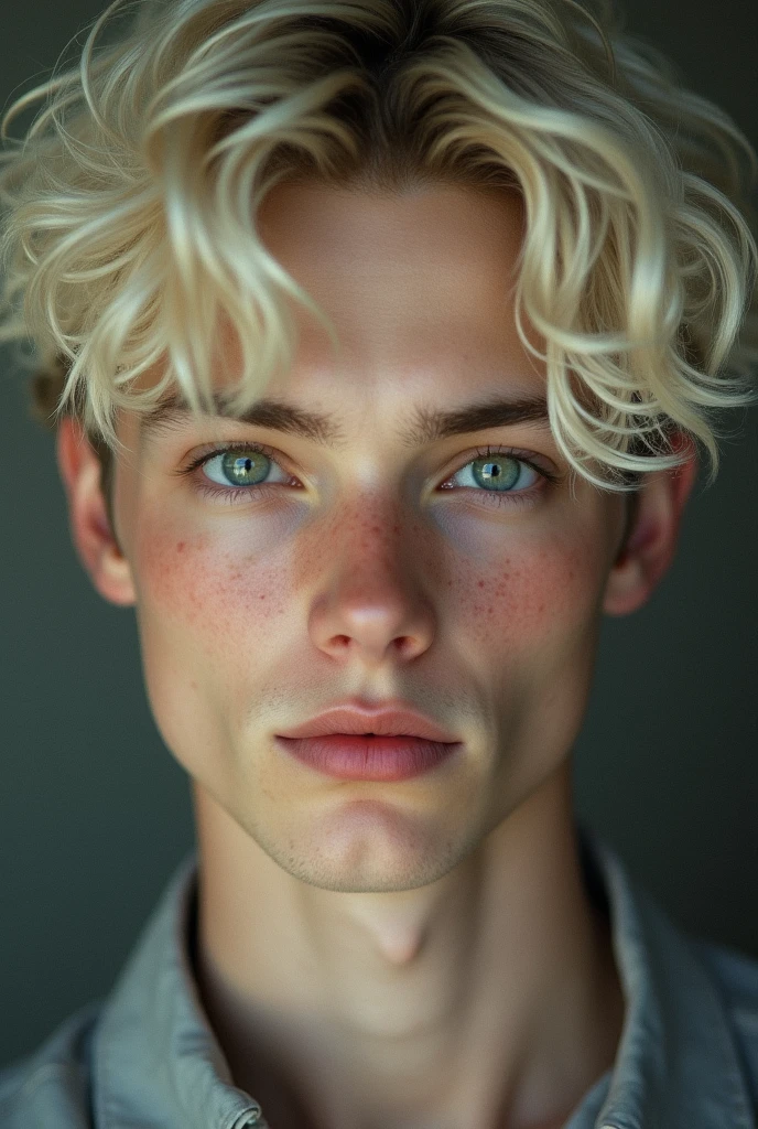 Young man short wavy platinum blond hair grayish green eyes 