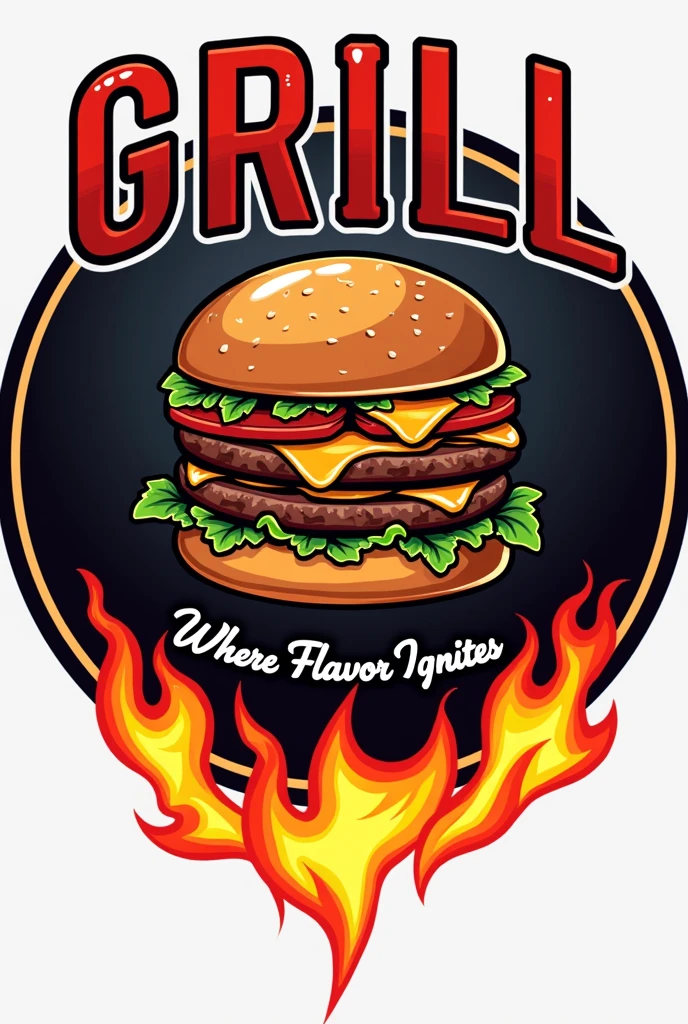 A logo with a circular design that has orange and red flames emerging from the bottom, symbolizing the lit grill. In the middle, There is a juicy burger with realistic details, like melted cheese and fresh vegetables. Name "Grill Thrill" is at the top of the circle, with a modern and bold typography that simulates stainless steel, giving it an industrial and contemporary look. Under the burger, a slogan that could be something like "Where Flavor Ignites" in a smaller font.