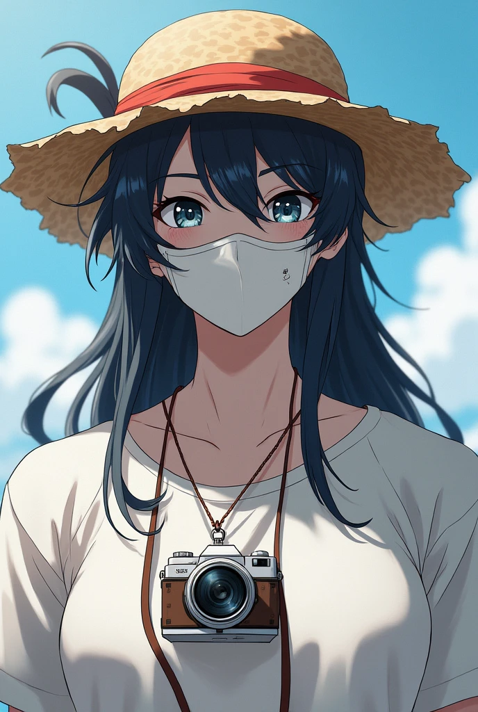Generates several anime-style images of a robust boy wearing a white Spiderman mask and his skin being completely white,that she has long black hair that she has her hair tied in a bow at the back and a straw hat that has two strands of hair sticking out of the hat that she has a white flowered shirt and that she has a camera as a necklace