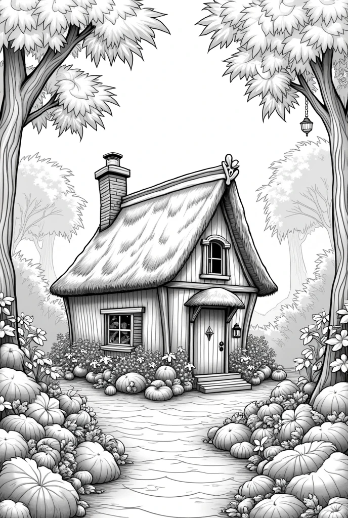 Create a coloring picture of a fairytale enchanted forest with a house, for coloring with large white areas and strong black lines