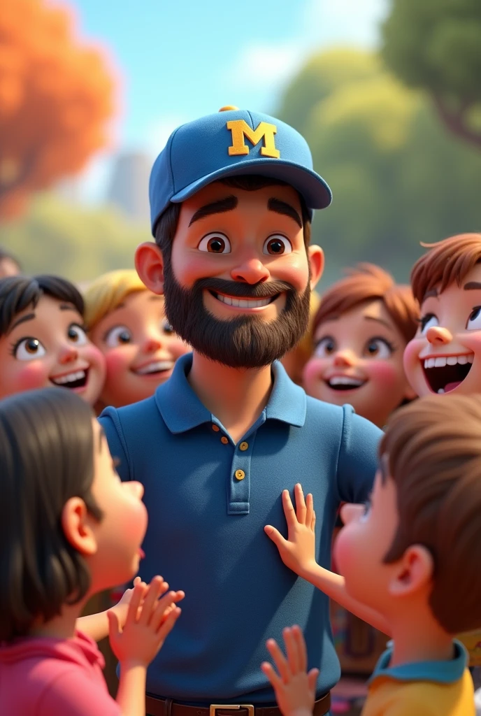 Pixar-inspired 3D poster capturing a background scene with a 3 man with a short, dark beard , square face white man with black hair to the side short lumberjack style dressed in blue polo shirt or suit with a blue cap with the letter m on the cap light skin color happy with children on his lap