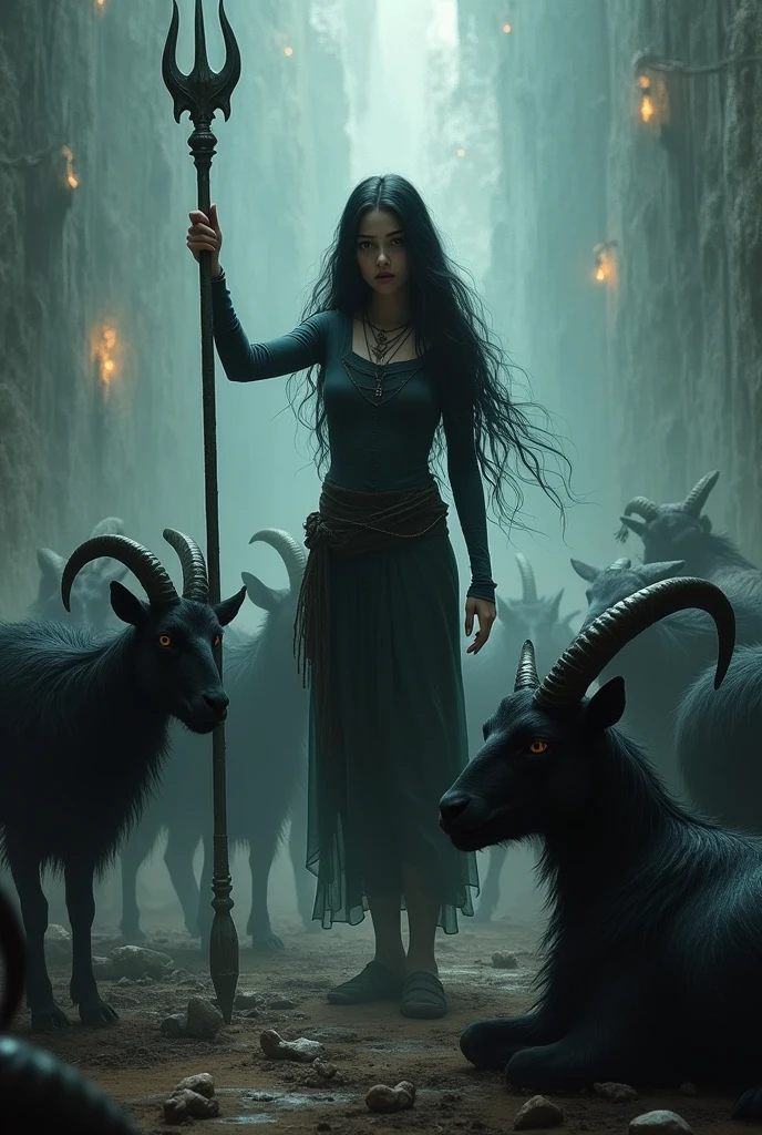 Denger black goats and girl long black hair in denger hands trishul and near 10 dead body