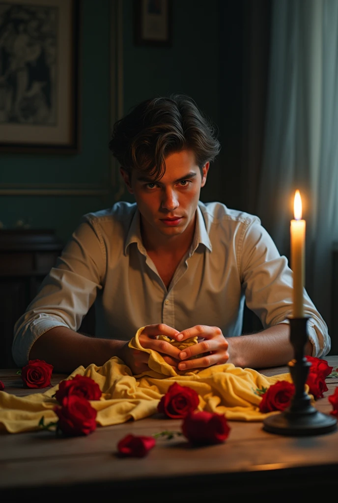 a sorrowful young man, sitting at a table, candle, roses, holding a woman's yellow scarf, realistic, detailed, masterpiece, photorealistic, 8k, high quality, cinematic lighting, dramatic atmosphere, melancholy expression, moody colors, depth of field