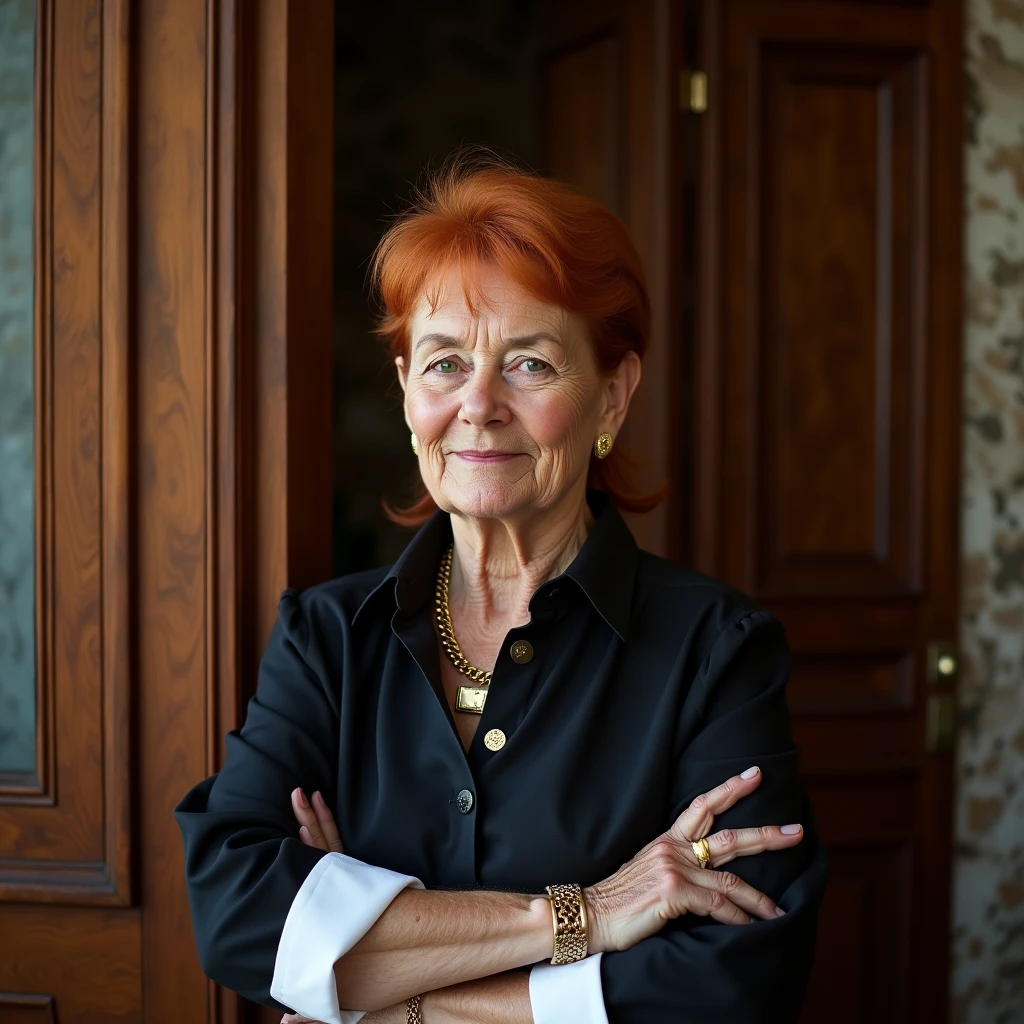 avant-garde photography of an elderly woman as ((baker)) with ((red mullet hair)) who wears cufflinks, subtle symbols of elegance, adorns the sleeves of a formal shirt, shows attention to detail, vestita with top nero senza spalline, gold necklace, gold bracelet, wooden door, marble walls, internal lighting, mirrored