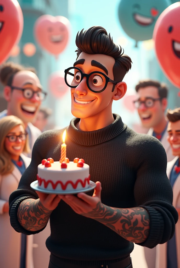 Disney Pixar 3D style character illustration of a big strong man with y face with short hair combed to the side, black glasses, black sweater, tattoos on arms, blowing out a birthday candle surrounded by dentists and tooth balloons 
